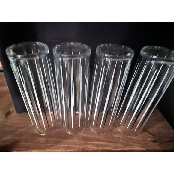 Vintage Mid Century Skinny Highball Glasses White Black Pinstripes Set Of 4 - Picture 4 of 8